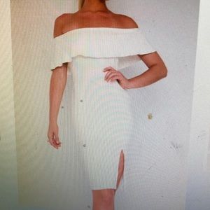 White stretchy over the knee dress with slit